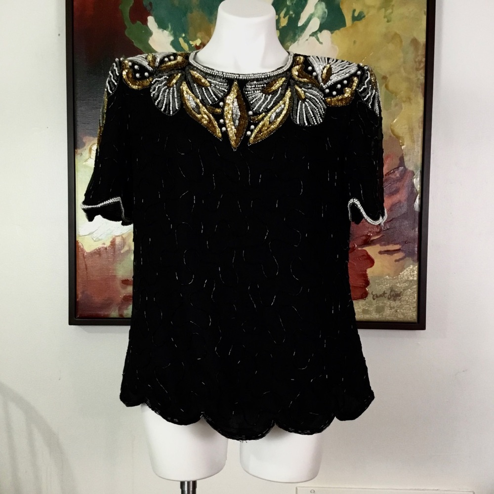 Denise Elle silk,sequin and bugle bead top